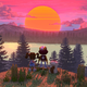 The main characters and their cat look out at a pink-tinged sunset.